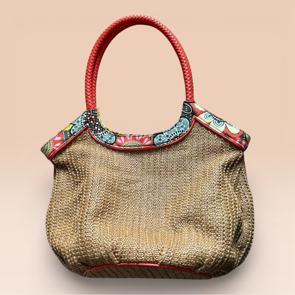 Vintage Vera Bradley Straw Bucket Tote in the "Flower Shower" Pattern